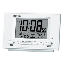 Seiko SQ778W Alarm Clock, Automatic Lighting, Radio Control, Digital Calendar, Temperature Display, Visible at Night, White Pearl