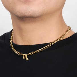 GHIUYUI Zodiac Sign Pendant Necklaces for Women Men Stainless Steel Scorpio Constellation Horoscope Astrology Jewelry, 6.5mm Diamond Cut Cuban Link Curb Chain 18+2 inches (Scorpio 10.23~11.21, Gold)