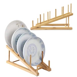 SunnyZoo Dish Plate Rack Organizer Plate Holder Bamboo for Display Stand Bowl Cup Pot Lid Cutting Board (Bamboo-2Pack)