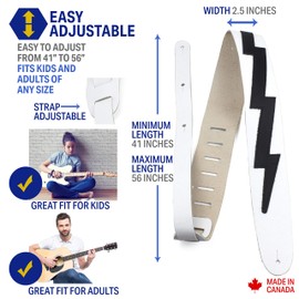 Perri’s Leathers Ltd. - Guitar Strap - Leather - The Famous Collection - Lightning Bolt - White/Black - Adjustable - For Acoustic/Bass/Electric Guitars - Made in Canada (BLB-1252)