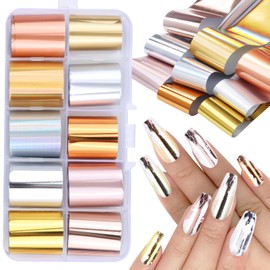 Kikonoke 10 Sheets Holographic Nail Foil Transfer Stickers, Metallic Self-Adhesive Nail Art Foil Bronze Silver Gold Foils Nail Decals for Women Nail Art Decoration