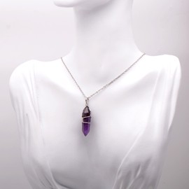 Paialco Natural Amethyst Crystal Point Wire Wrapped Pendant Necklace for Women