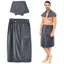 Tolenre Sauna Kilt and Towel Set for Men, Adjustable Sauna Towel, Shower Towel with Press Studs, Large Quick-Drying Sauna Towel, Sauna Skirt Sauna Sarong with Pockets, 70 x 140 cm, Grey