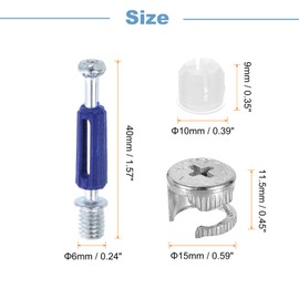 sourcing map 10Set 15x11.5mm Furniture Cam Lock Fitting with 6x40mm Dowel Fasteners, 3-in-1 Metal Furniture Board Connecting Screws Bolts Assortment Kit for Cabinets Chairs Drawer, Blue