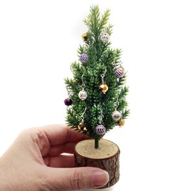 Tiny Christmas Tree with Removable Miniature Ornaments, Purple and Gold Glass Baubles for Dollhouse, 6.5 in tall