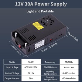 12V Power Supply 360W 30A, AC to DC Converter 110v to 12v dc Power Supply Adjustable Universal Transformer for RV, Radio/Car Stereos, LED Strip, CCTV, Computer Project, 3D Printer