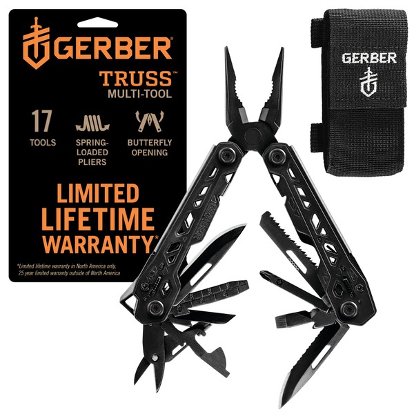Gerber Gear Truss 17-in-1 Needle Nose Pliers Multi-tool with MOLLE Sheath - Multi-Plier, Pocket Knife, Serrated Blade, Screwdriver, Bottle Opener - EDC Gear and Equipment - Black