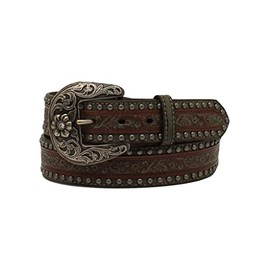 Nocona Ladies Belt 1 1/2 Embossed Overlay Studs Brown