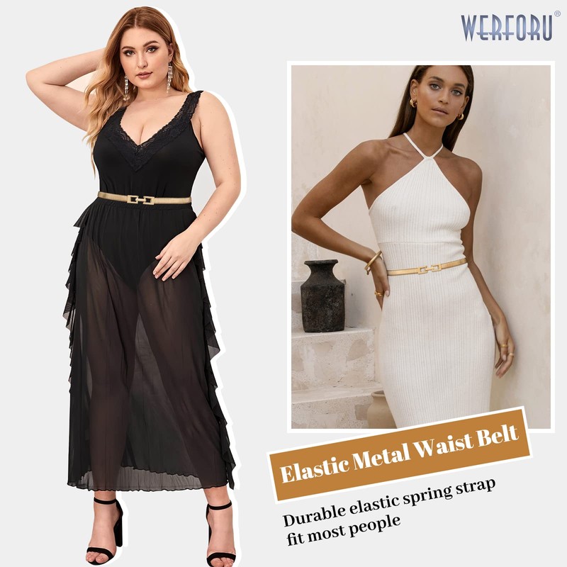 WERFORU Women Elastic Skinny Gold Belt Metal Thin Waist Belt