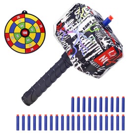 TENTAM Dart Blasting Thors Hammer Toys with Lights - Kids Roleplay Toy Thunder Mjolnir Shooting Games for Kids, Birthday Gift, Party Favors Includes 30 Darts 1 Target(Colorful)
