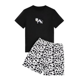 WDIRARA Men's 2 Pieces Sleepwear Cartoon Cow Print Short Sleeve Top and Shorts Pajama Set Loungewear