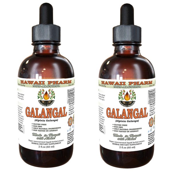 HawaiiPharm Galangal Root Alcohol-Free Liquid Extract, Organic Organic Galangal (Alpinia Galangal) Dried Root Glycerite Natural Herbal Supplement 2x2 oz