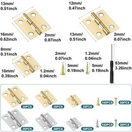 120 Sets Small Mini Hinges, 10*8/13*12/16*13mm Door Chest Butt Hinges Connectors, Folding Butt Hinges for Small Wooden Toy Box, with 320 Pcs Screws, 160 Pcs Nail and 1 Cross Mini Screwdriver（2 Color）
