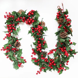 MAKHOT Christmas Garland, 6Ft Red Berries & Holly Leaves Garlands, Artificial Red Berry Garland for Fireplace Gate Winter Christmas Holiday New Year Decor