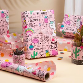 Burymento Pink Unicorn Wrapping Paper, Reversible Dot Design Gift Wrap for Birthday, Valentines, Mothers day, Graduation, Wedding, Fathers day, Baby Shower, Christmas (17 IN x 32.8 FT)