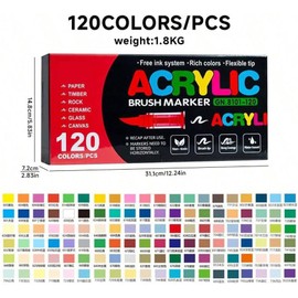 120 Colors Acrylic Paint Marker Set, Direct Liquid Ink, Soft Brush Tip Art Drawing Pens for Fabric, Canvas, Rock, Glass, Wood, Paper, DIY Crafts, School and Art Supplies