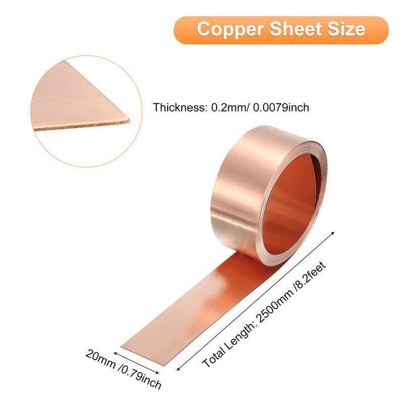 sourcing map Copper Sheet Roll 2500mm x 20mm x 0.2mm,
