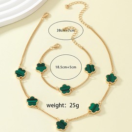 Danshinbow Green Luck Pentalobe Necklace and Bracelet Gold Tone Adjustable Emerald Necklace Bracelet Jewelry for Women Girls Metal Emerald, Metal, Emerald