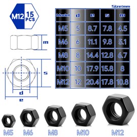 Pack of 15 M12 Nuts Black Galvanised Hex Nuts Steel High Quality Nuts for Screws Washers Threaded Rods Bolts Couplings Fasteners for Indoor and Outdoor Use