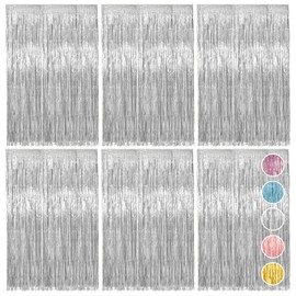 6pcs Foil Curtain, Silver Tinsel Curtain, Metallic Foil Fringe Curtain, Hanging Door Streamers for Birthday Party Wedding Holiday Graduation Bridal Shower Backdrop Decoration (3.3 x 6.6ft)