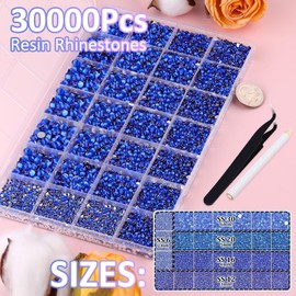 30000Pcs Resin Rhinestones for Bedazzling with Tweezers, Royal Blue Rhinestones for Crafting with 3Pcs 10ml B7000 Jewelry Glue for DIY Crafts Clothing Tumblers Shoes Fabric Nail Art