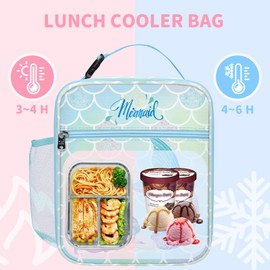 Clastyle Kids Insulated Lunch Bag for Girls | Large Portable Lunch Cooler Bag for Outdoor Picnic, Back to School, Lightweight Lunch Box with Bottle Holder, Straps | Blue Mermaid Princess