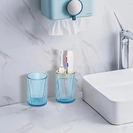 Tonxus Toothbrush Holders for Bathrooms, 2pcs Glass Toothbrush Holder, 12oz Bathroom Tumbler and Mouthwash Cup, Tooth Brush and Toothpaste Organizer for Bathroom Vanity Countertop (Blue Gold)