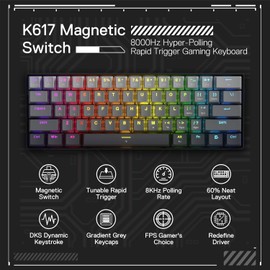 Redragon K617 GB Rapid Trigger HE Gaming Keyboard, 60% 61 Keys Wired Mechanical Keyboard w/Hyper-Fast Actuation, Dedicated Hall Effect Magnetic Switch, Actuation Point Adjustable, 8K Hz Polling Rate