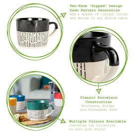 Nicola Spring Ceramic Dipped Dash Coffee Cups - Two Tone Patterned Coloured Tea Cups - 475 ml - Black - Pack of 2