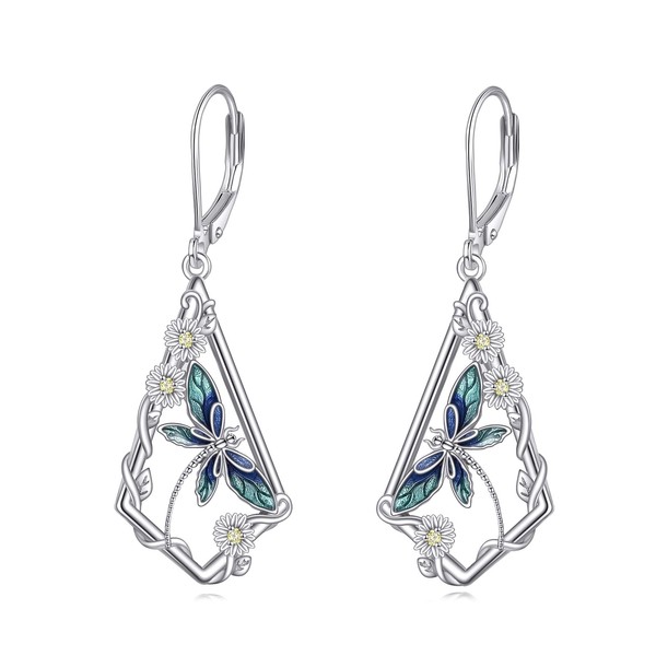 Dragonfly Earrings Sterling Silver Daisy Flower Earrings Dragonfly Leverback Earrings
