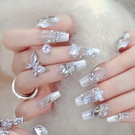 MISUD Press on Nails Long Coffin Fake Nails Glossy Glue on Nails Handmade White Acrylic Nail Supplies Ballerina Artificial Nail Art Bling Glitter Rhinestone Stick on False Nails with Design DIY 24 pcs