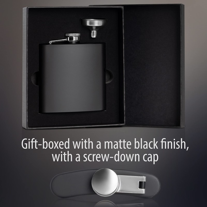 Maxam Black Stainless Steel Flask, Lightweight Drinking Hip Flask with