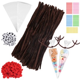 Pack of 100 Candy Bags, Cellophane Bags, Brown Pointed Bags with Ties, Red Pompoms, Wiggly Eyes for Christmas Gifts