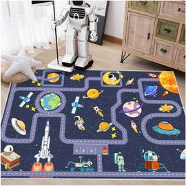 Outer Space Kids Rug，Kids Space Car Carpet Rug,Non-Slip Outer Space Route Kids Rug，for Playroom Bedroom Boys，Kids Outer Space Car Mat Road Rug,Outer Space Rug Car Play Rug for Kids（47×31 INCH