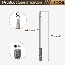 HARFINGTON 5pcs T15 Torx Head Screwdriver Bit 1/4" Hex Shank 4" (100mm) Long Magnetic No Hole Tip Tamper Proof 6 Point Star Screw Driver Drill Bits S2 Steel Industrial Power Screwdrivers