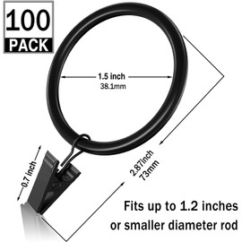 100Pack Curtain Rings with Clips Hooks, Rustproof Metal Stainless Steel Drapery Rings, 1.5in Interior Diameter Curtain Hangers Clips, Fits Diameter 1.2 in Rod, Vintage Black