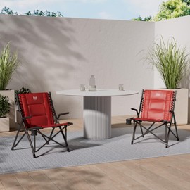 TIMBER RIDGE Bungee Folding Camping Chairs for Adults, Heavy Duty Collapsible Padded Chair with Armrests Cup Holder, Foldable Outdoor Lounge Chairs for Beach, Fishing, Lawn, Supports 300 lbs, Red