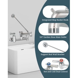 Phivan Commercial Mop Sink Faucet with Vacuum Breaker Wall Mount Service Sink Faucet 8 Inch Adjustable Center, Pail Hook, Rough Chrome-Plated Utility Sink Faucet