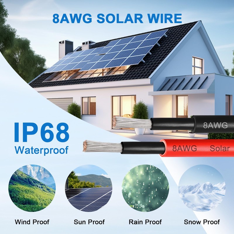8AWG Solar Panel Wire 10mm², 2 Pack 50FT Red &