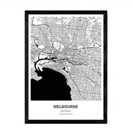 Nacnic Poster with map of Melbourne - Australia. Sheets cities in Australia with seas and rivers in black color. A3 size