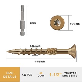 Fmjdnls Deck Screws 1-1/2 Inch, Wood Screws #8×1-1/2, Golden Brown Rust Resistant Epoxy Coated, Outdoor Decking Screws, Torx/Star Drive Head Exterior Deck Screw, T25 Star Bit Included（1 lbs, 140 Pcs）