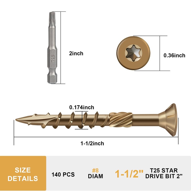 Fmjdnls Deck Screws 1-1/2 Inch, Wood Screws #8×1-1/2, Golden Brown
