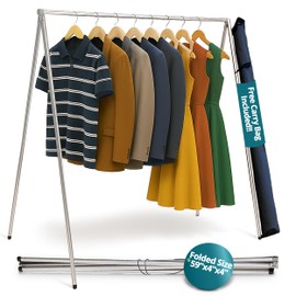 FOL-D-RAK Fully Assembled Lightweight Clothing Rack with Carry Bag. 59" Length Made from Commercial Grade Aluminum. Can Hold Over 50 LBS. Weighs 4 LBS.