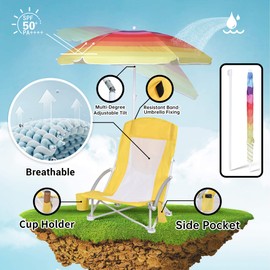 WGOS Beach Chair, Beach Chair with Umbrella, Beach Chair for Adults Camping Chair High Back with Umbrella and Cooler, Portable & Lightweight for Beach, Outdoor, Camping (Set of 1 Yellow)