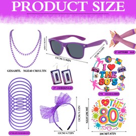 DONGZQAN 19PCS 80s Fancy Dress for Women, 80s Accessories for Women, 1980s Outfits for Women with Tape Earrings Necklace Bracelet Mesh Sleeve 80s Retro Theme Party Decoration(Purple)
