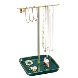 Jewelry Holder Stand with Ceramic Base: 12" Tall Necklace Organizer Rack, Tree Design Display Storage for Necklaces, Bracelets, Rings, Earrings, Aesthetic Room Décor for Girls and Women, Green