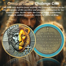 Crown of Thorns Jesus Challenge Coin - Lion of Judah Joshua 1:9 Religious Coins - Inspirational Cross God Pocket Bible Verses Chip Token for Study - Good Luck Commemorative Gifts for Men Women