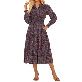 GRACE KARIN 2025 Women's Summer Floral Midi Dress Boho Long Sleeve V Neck Ruffle Casual A Line Flowy Dresses with Pocket Red Floral L