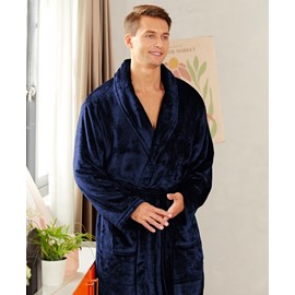 Istylish Men's Plush Shawl Collar Bathrobe, Cozy Housecoat, Robe De Chambre, Peignoir Pour Homme, Soft and Warm Long Winter Fleece Robe Navy Blue X-Large