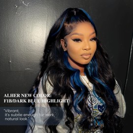 ALHER 10A Black Mix Blue Highlight Bundle with 5x5 Closure Human Hair Body Wave, #1B/Blue Colored Subtle Bundles with Closure 100% Unprocessed Remy Hair 3 Bundles with HD Lace Closure 14 16 18+14 Inch